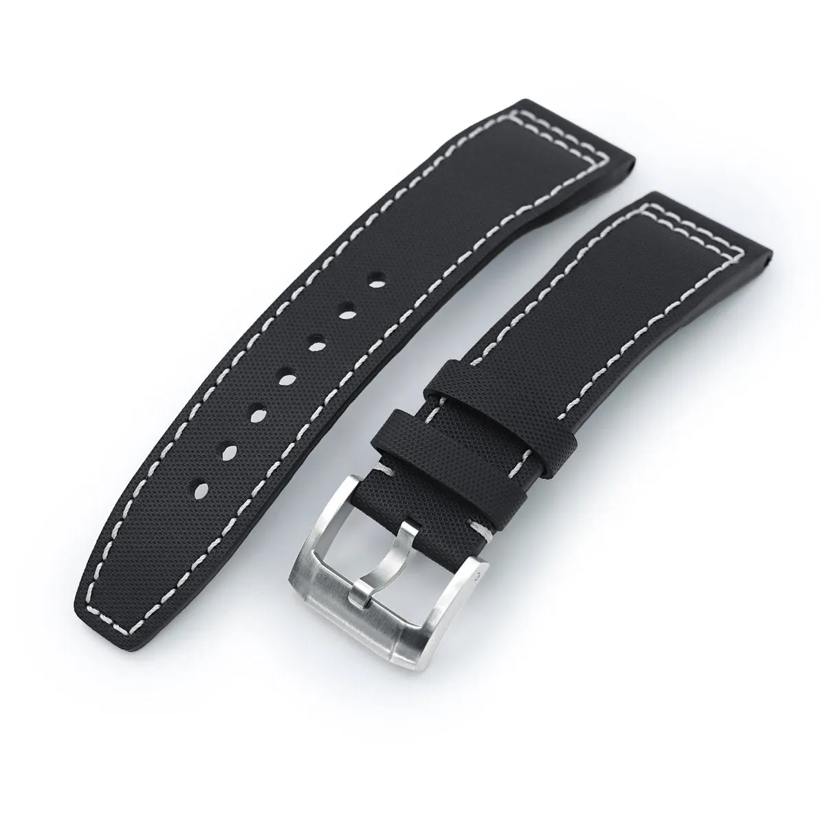 20mm to 23mm Pilot Black Woven Texture Watch Strap, Beige Stitching, Brushed