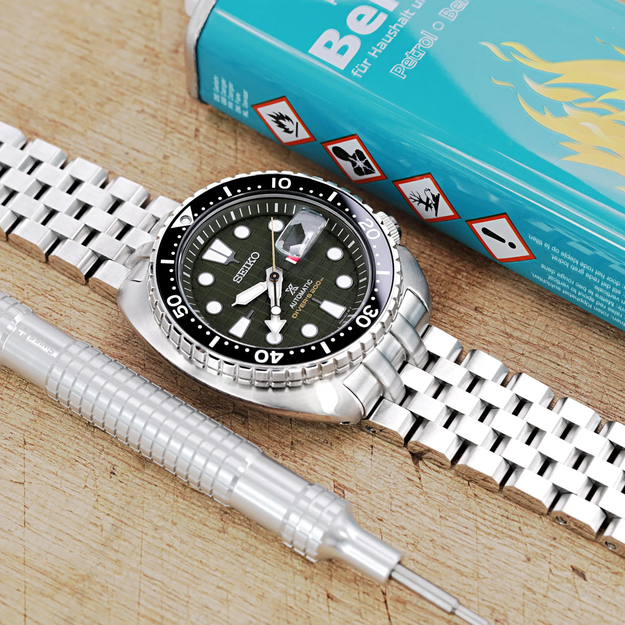 22mm Super Engineer II Watch Band compatible with Seiko New Turtles SRP777 & PADI SRPA21, 316L Stainless Steel V-Clasp Button Double Lock