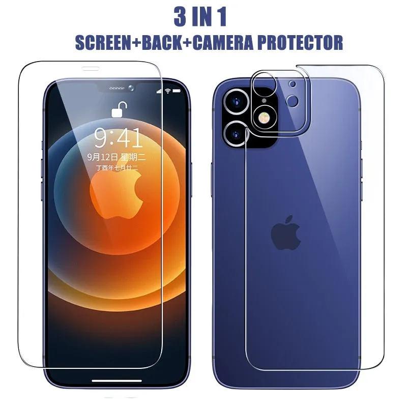 3In1 Front Back Lens Full Cover Protective Tempered Glass iPhone 13 12 11 Pro Max 13 Mini HD Clear Screen Protector Film