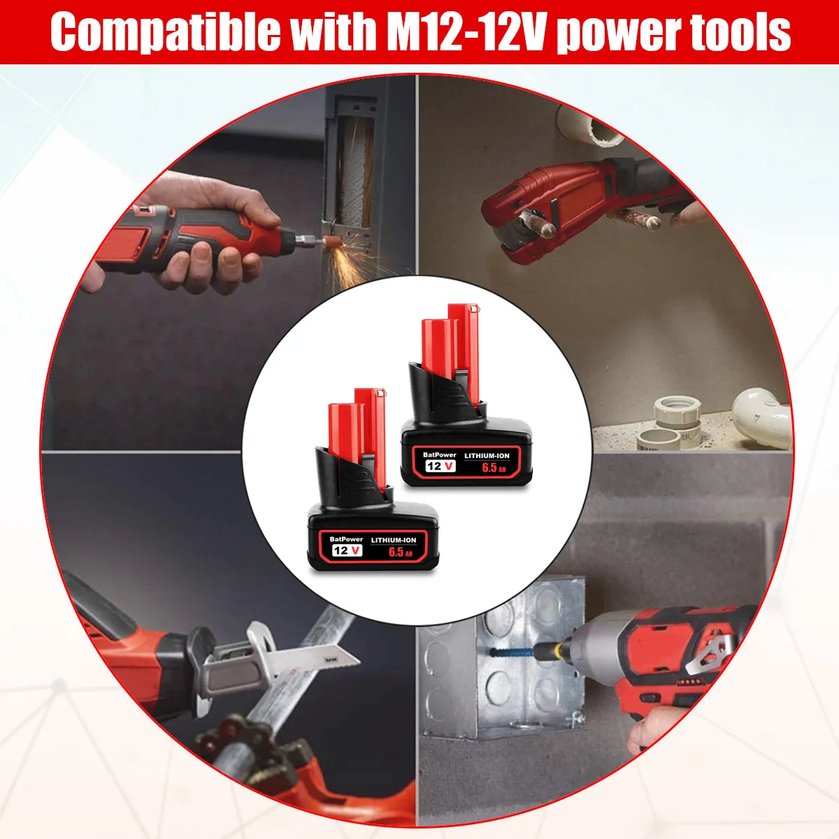 48-11-2460 6.5AH 12V Lithium XC6.0 Extended Capacity Battery Replacement for Milwaukee 12V M12 Battery 6.0 AH 4.0 AH 3.0 AH 2.0Ah 48-11-2440