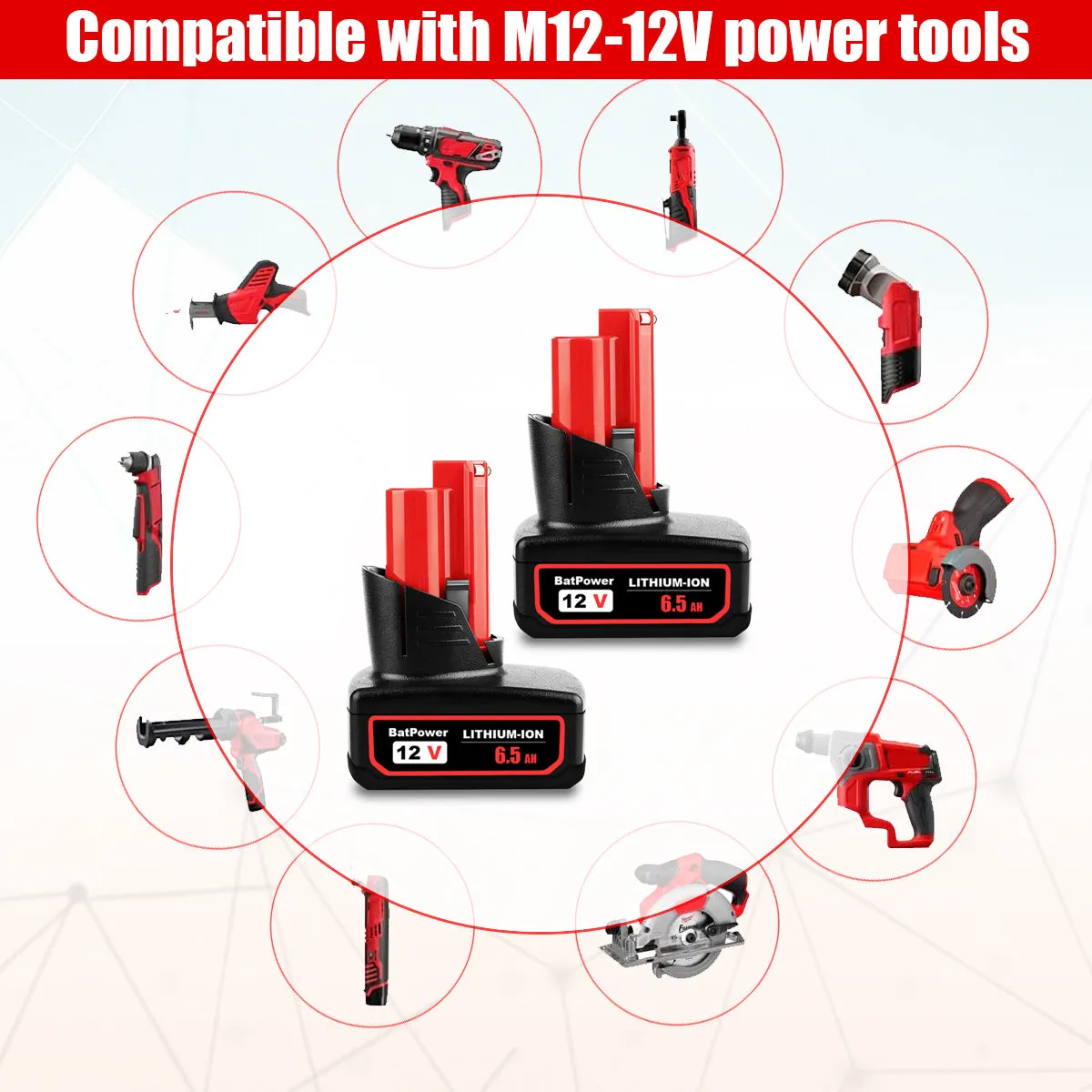 48-11-2460 6.5AH 12V Lithium XC6.0 Extended Capacity Battery Replacement for Milwaukee 12V M12 Battery 6.0 AH 4.0 AH 3.0 AH 2.0Ah 48-11-2440