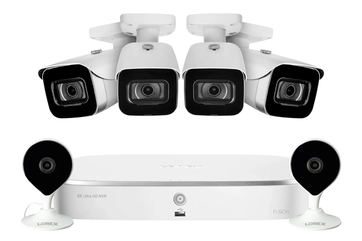 8-Channel NVR Fusion System with Four 4K (8MP) IP Cameras and 2 Wi-Fi Indoor Cameras