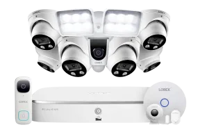 8-Channel NVR Fusion System with Six 4K Smart Deterrence IP Dome Security Cameras, 2K Wi-Fi Video Doorbell, Wi-Fi Floodlight Camera and Smart Sensor Starter Kit