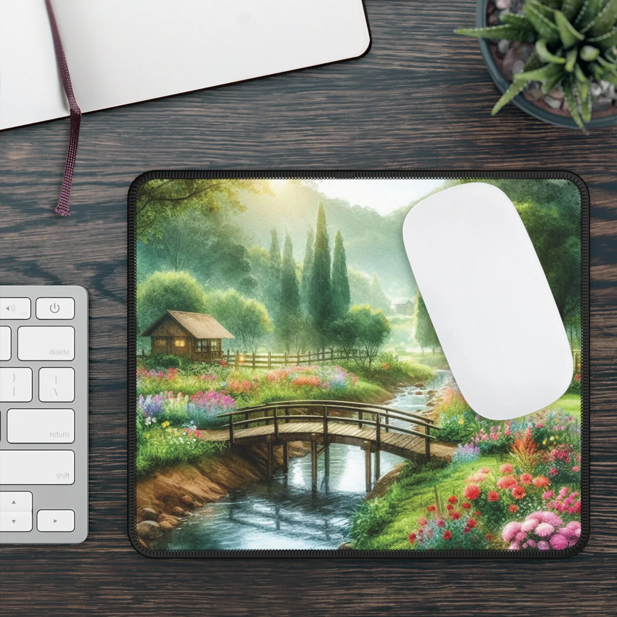 A cute forest and a small hut in spring Gaming Mouse Pad