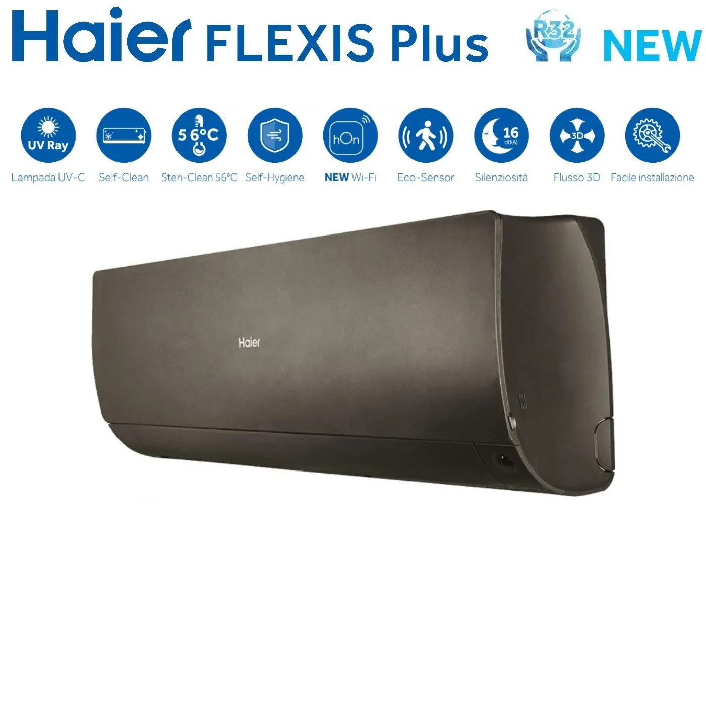 Climatizzatore Condizionatore Haier Quadri Split Inverter serie FLEXIS PLUS BLACK 7 7 9 15 con 4U75S2SR3FA R-32 Wi-Fi Integrato Colore Nero 7000 7000 9000 15000