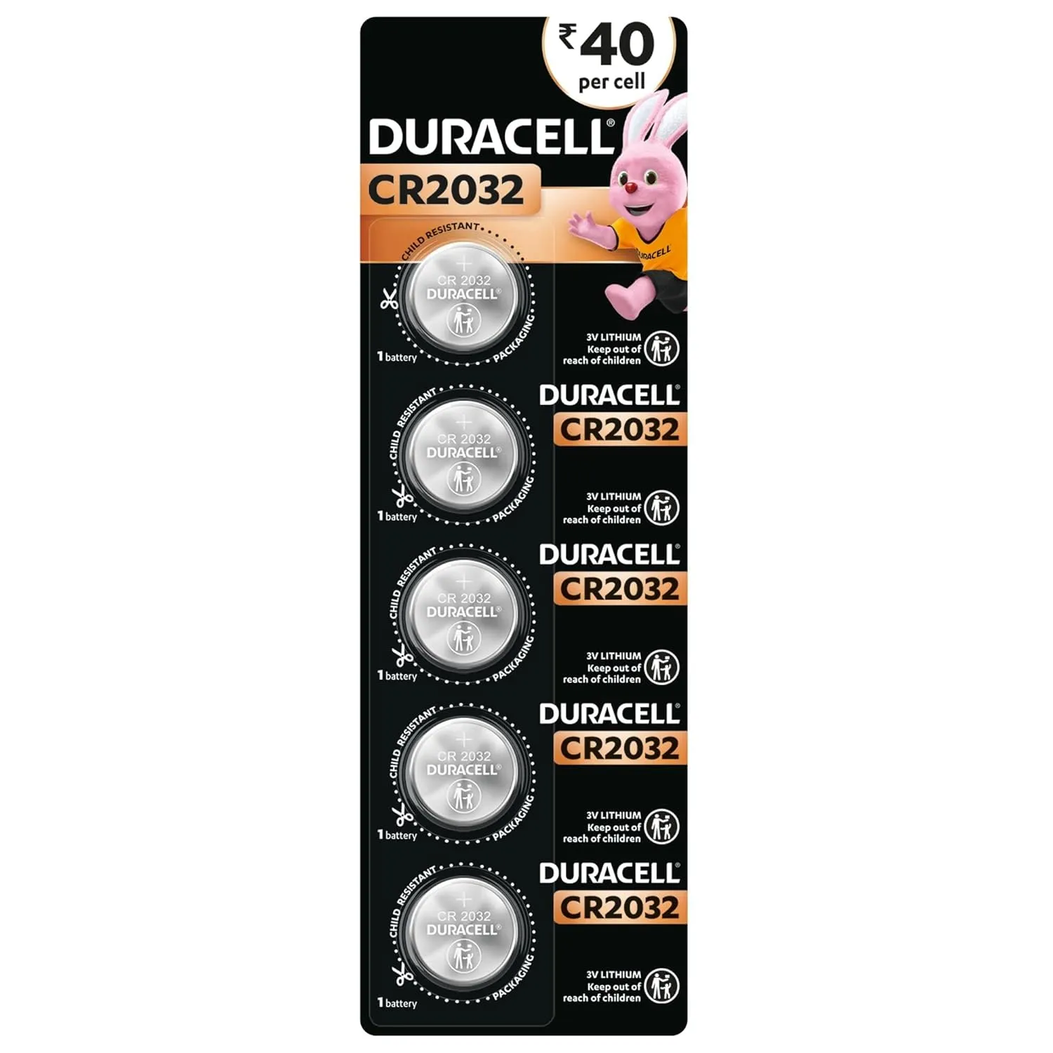 CR 2032 Duracell 3V Lithium Coin Battery (Pack Of 5)