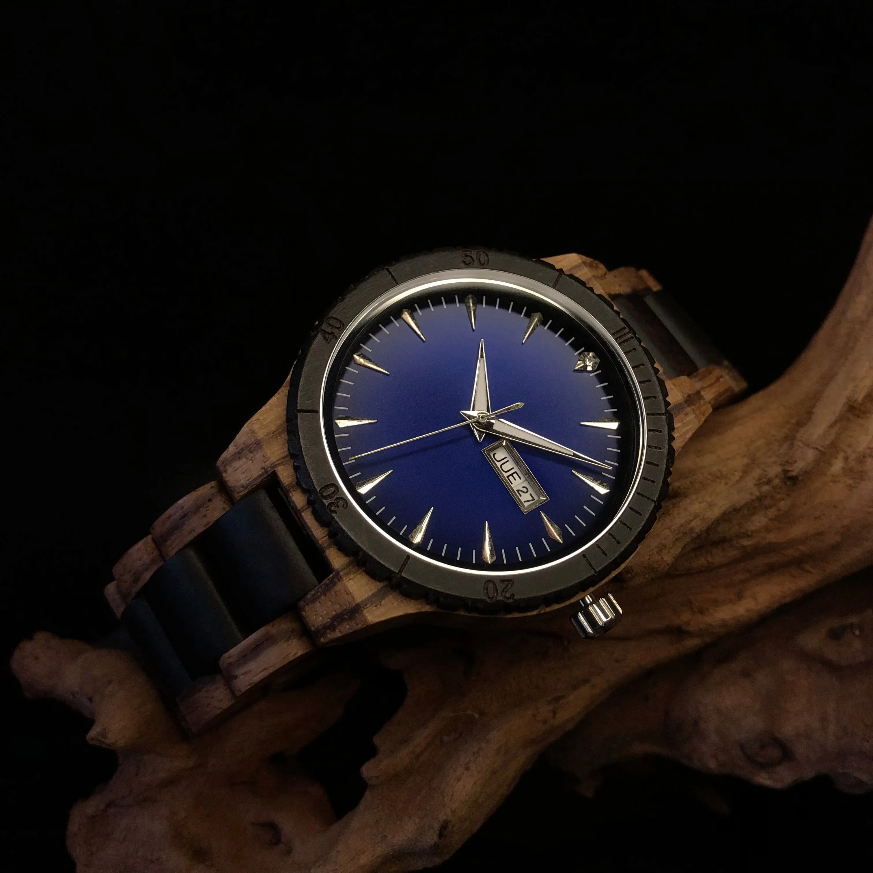 Dublin - Blue Face Zebrawood & Ebony Minimal Watch