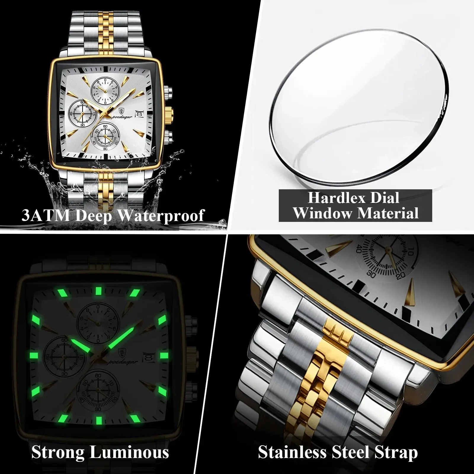 Elegance® Elite Chronograph 866 Men Watch Luxury Square Sport Man Wristwatch Waterproof Luminous Chronograph Quartz Men's Watches Stainless Steel