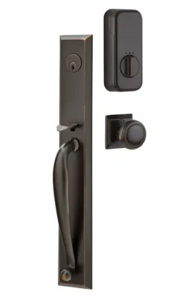 Emtek Single Cylinder Jefferson Handleset EMPowered Motorized Smart Lock Upgrade With Select R-Bar Straight Knurled Lever