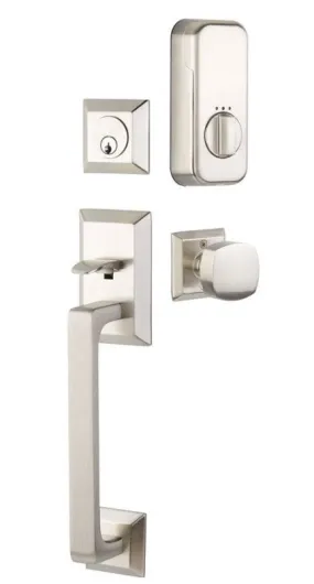 Emtek Single Cylinder Transitional Heritage Sectional Handleset EMPowered Motorized Smart Lock Upgrade With Astoria Glass Knob