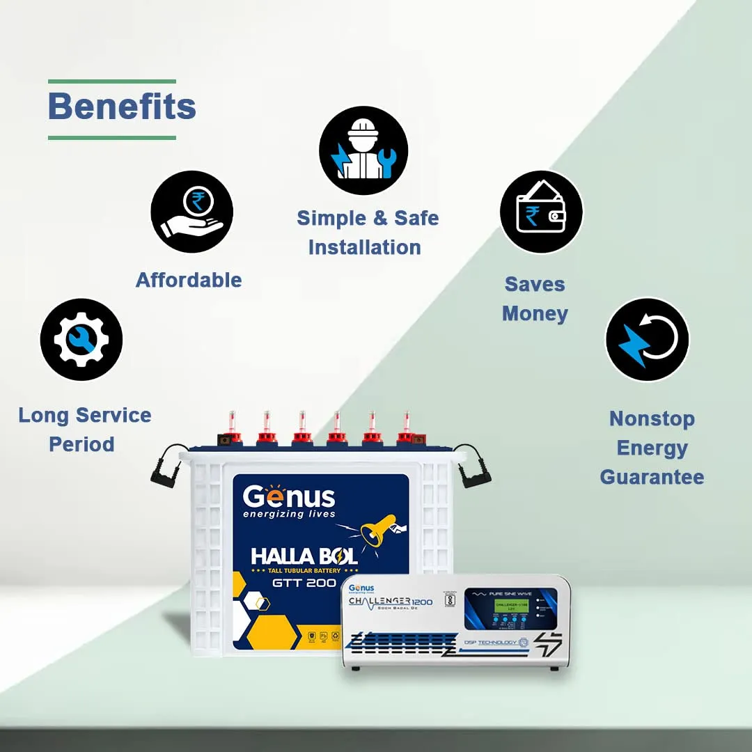 Genus Inverter with Battery - Challenger 1200   165Ah GTT200 72 Month - Pure Sine Wave Technology That is Best for Home & Office Appliances Safety - Has Unique Battery Revival Mode