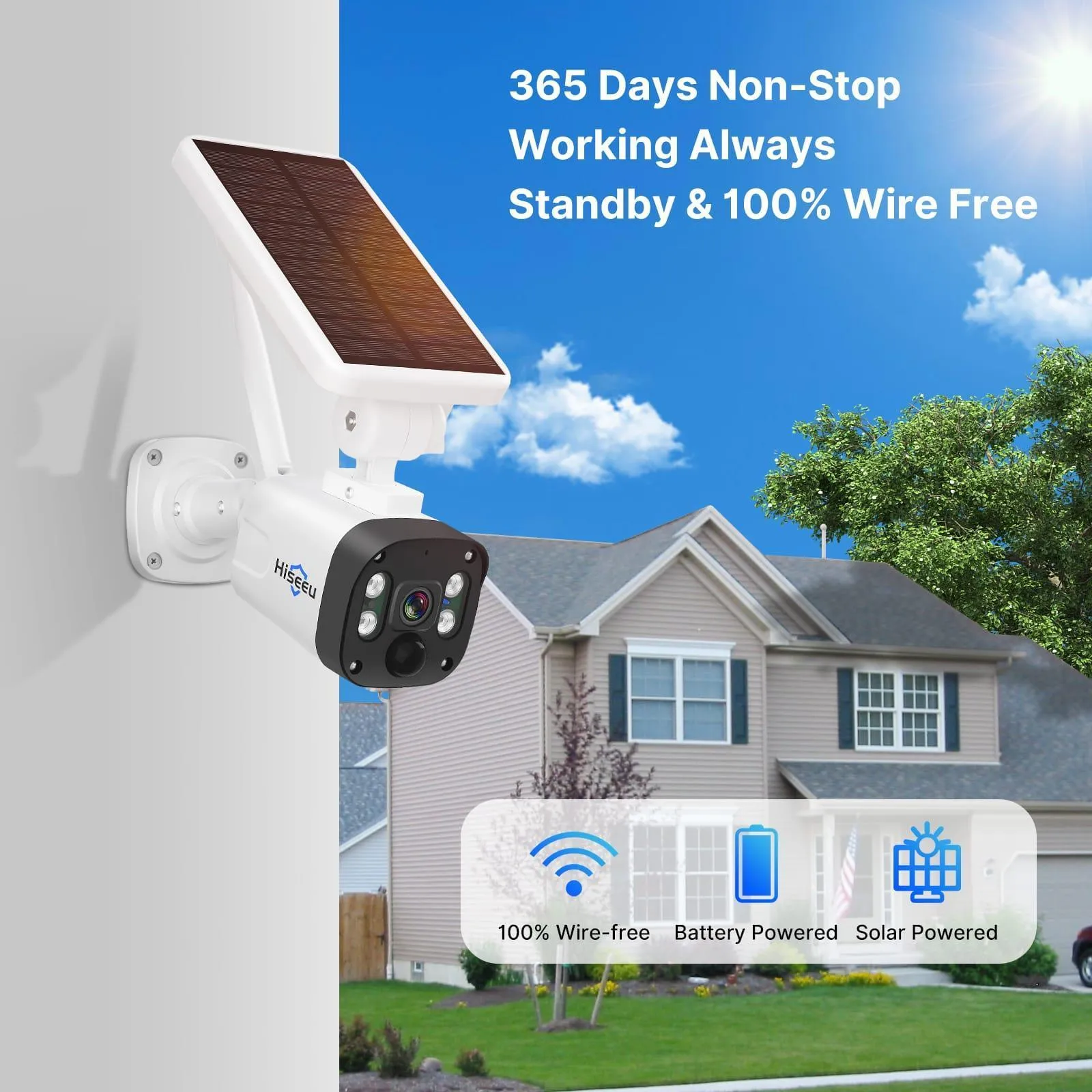 Hiseeu 4MP Solar Wireless Security Camera Outdoor with PIR Detection, Color Night Vision, Spotlight, 2-Way Audio, IP66 Waterproof - Battery Powered Wire-Free Home Camera System ， Works with Alexa