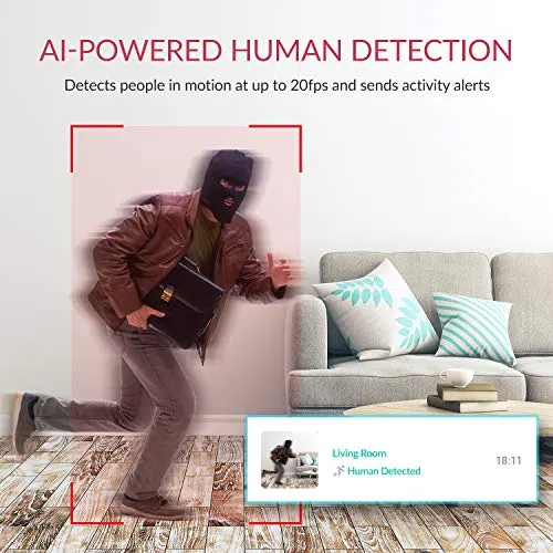 Indoor IP Security Surveillance System with Night Vision, AI Human Detection, Activity Zone, Phone/PC App, Cloud Service - Works with Alexa