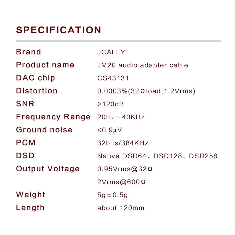 JCALLY JM20 CS43131 Audio DAC Type-C To 3.5MM Earphone Adapter