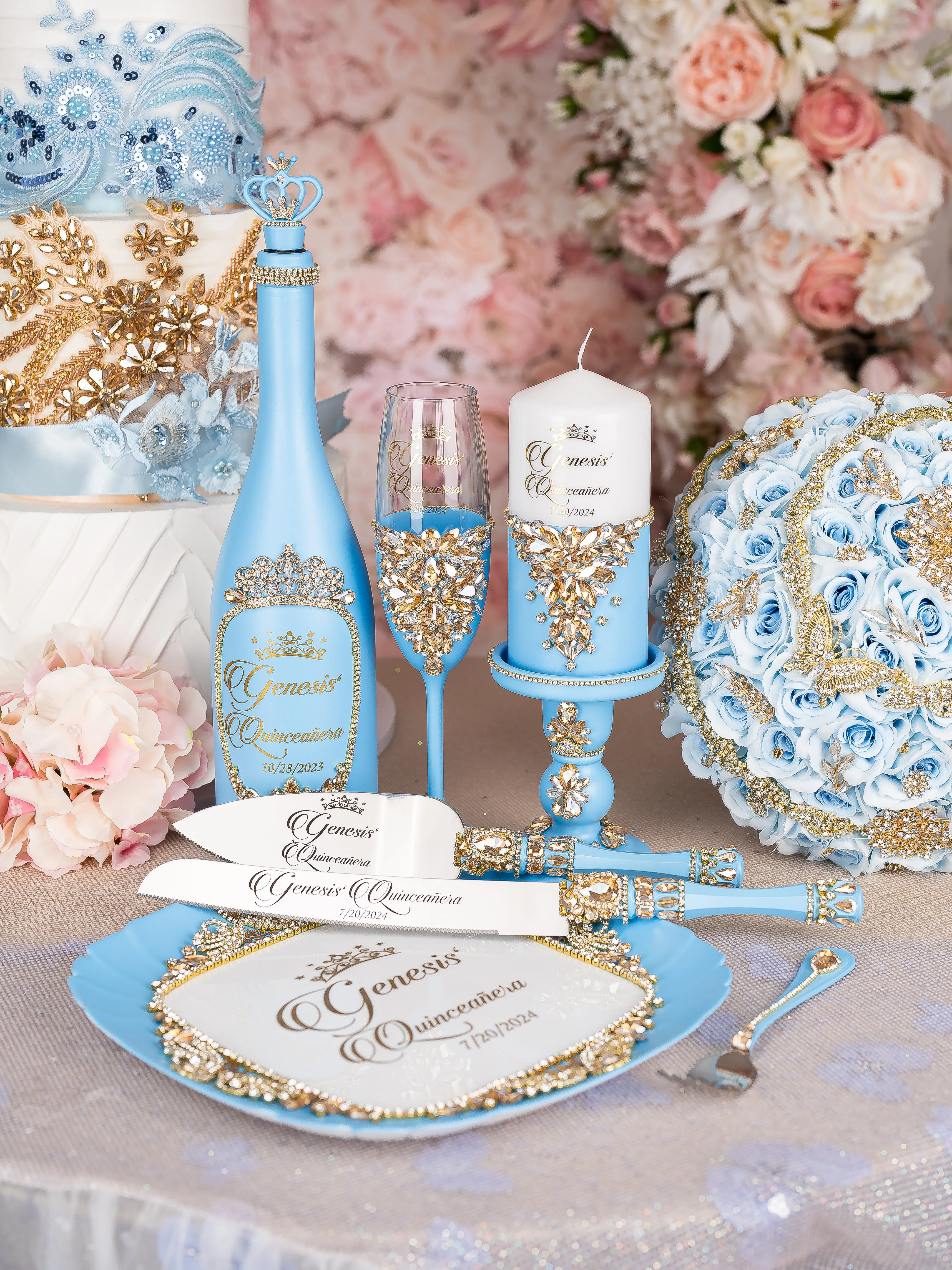 Light Blue Gold  quinceanera cake knife and server