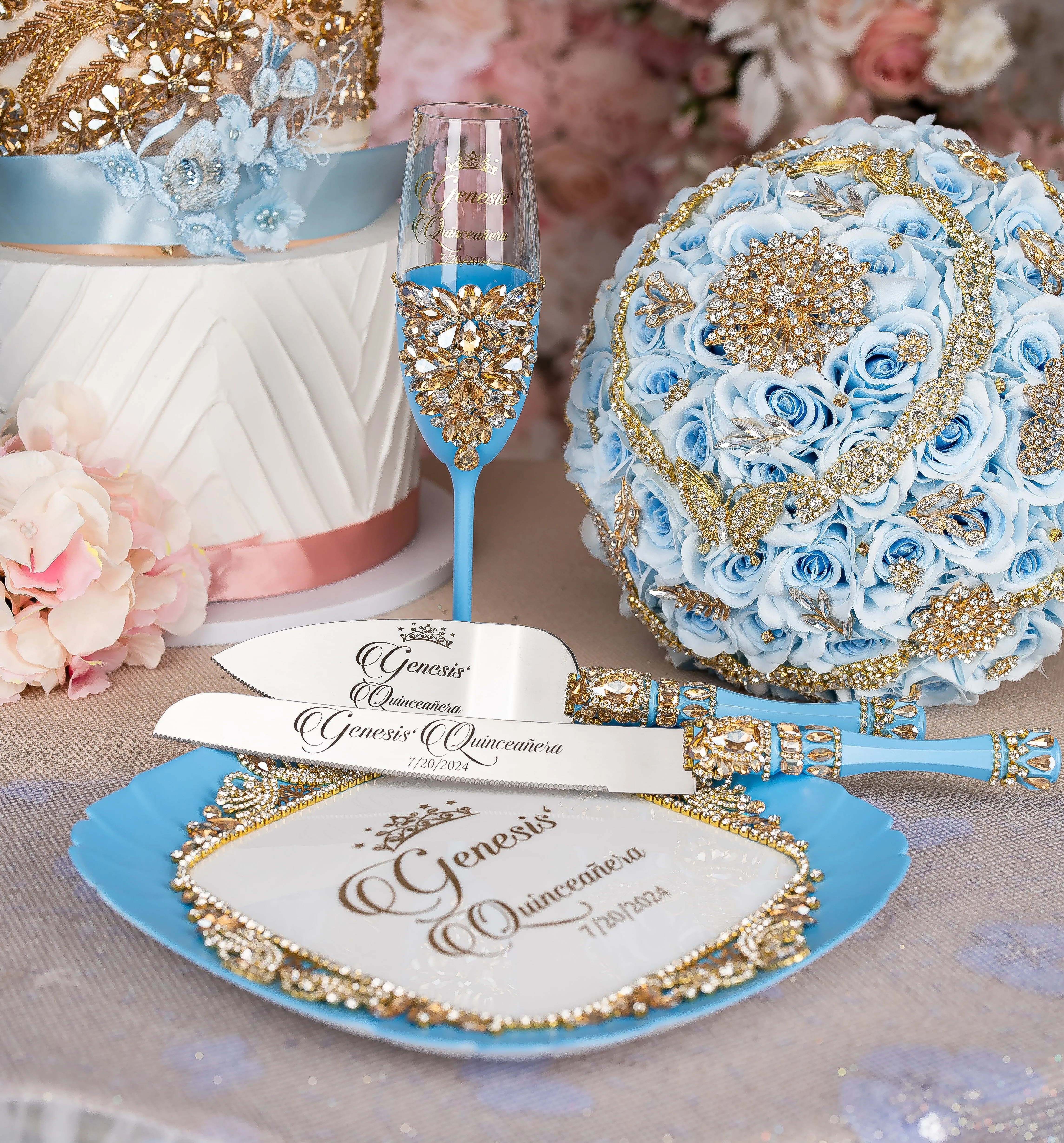 Light Blue Gold  quinceanera cake knife and server