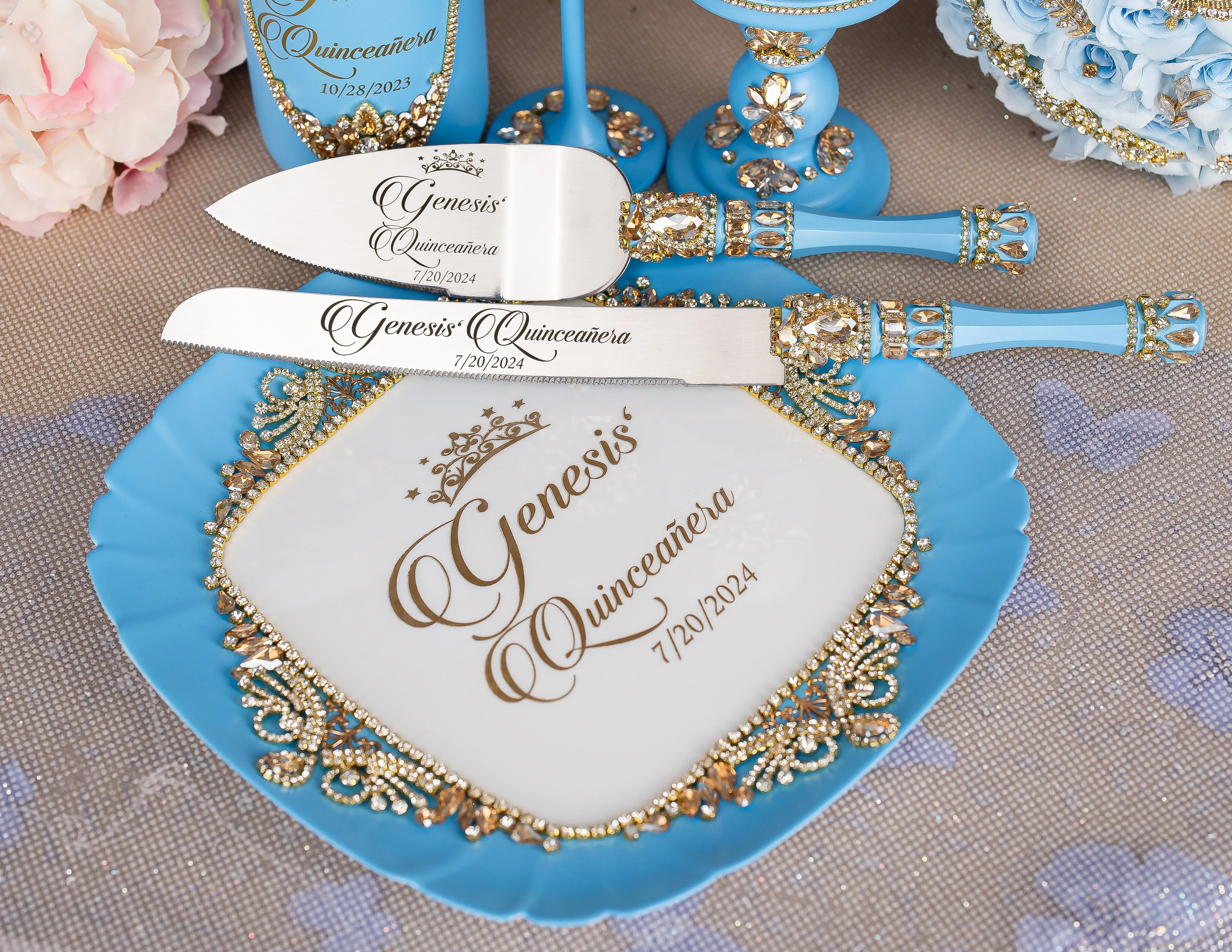 Light Blue Gold  quinceanera cake knife and server