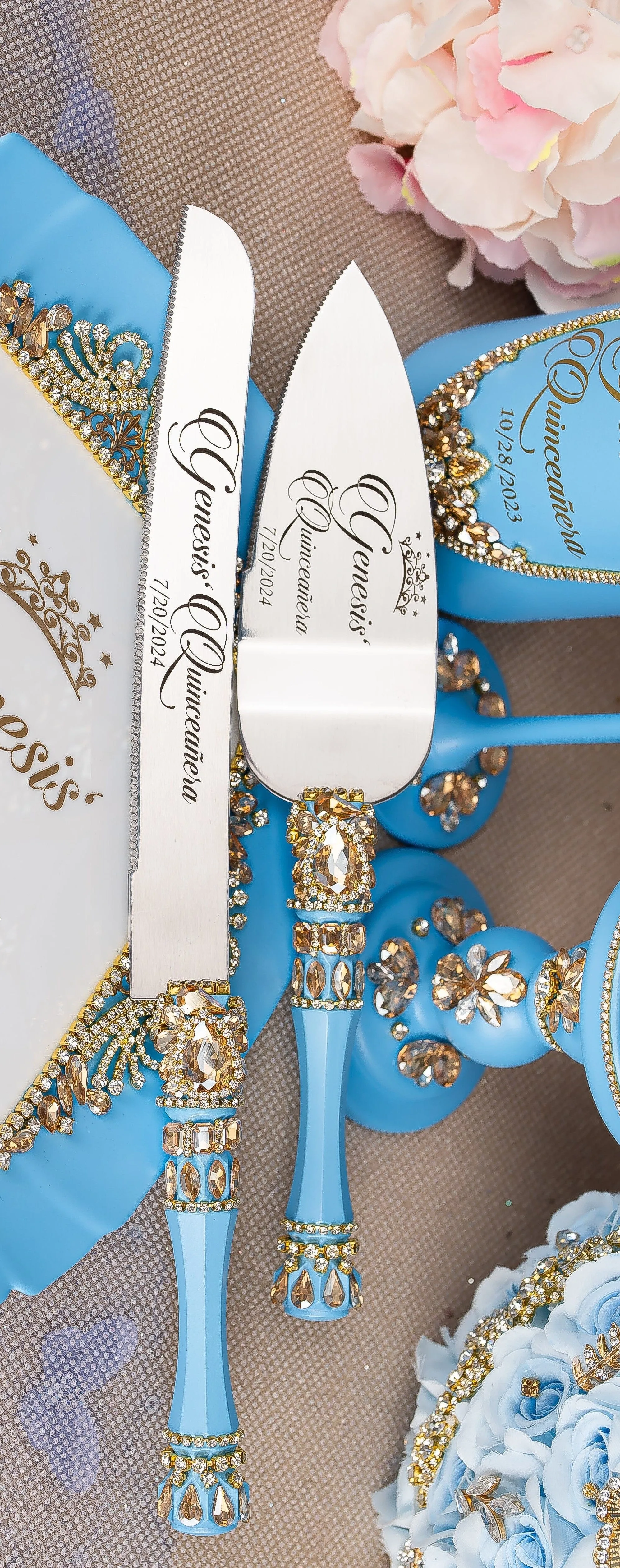 Light Blue Gold  quinceanera cake knife and server