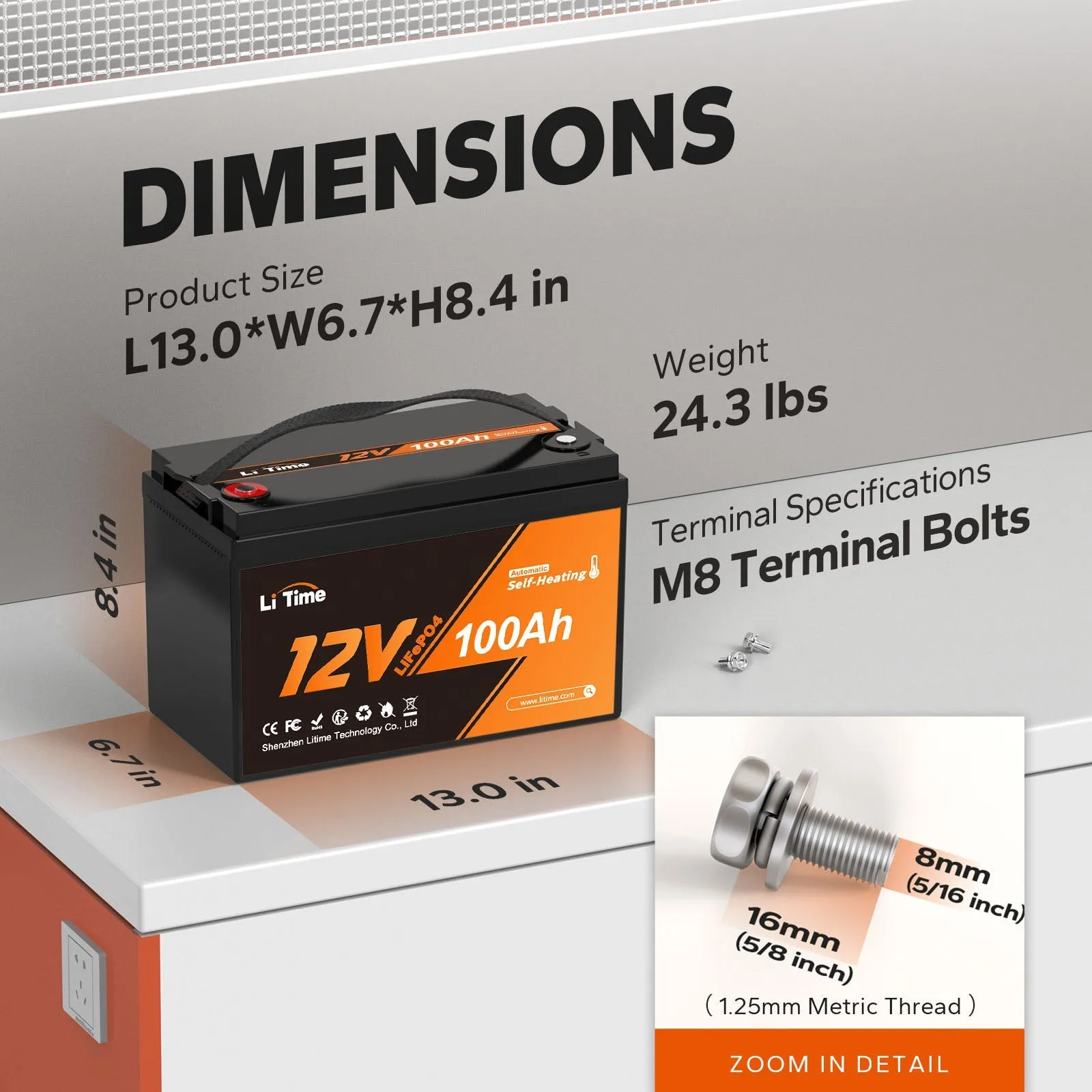 LiTime 12V 100Ah Self Heating LiFePO4 Lithium Battery