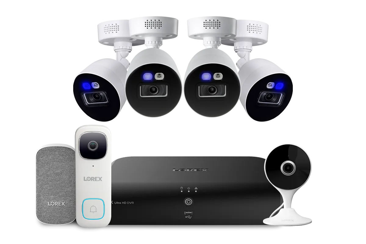 Lorex Fusion 4K 12-Camera Capable (8 Wired   4 Fusion Wi-Fi)  2TB Wired DVR System with 4 Smart Deterrence Cameras, 2K Indoor Wi-Fi Camera, 2K Wired Video Doorbell and Wi-Fi Chimebox