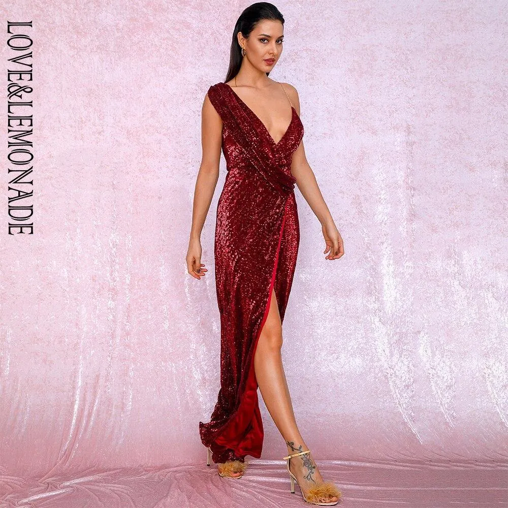 LOVE&LEMONADE Sexy Deep Red Deep V-Neck Whit Split Sequins Party Maxi Dress LM81849