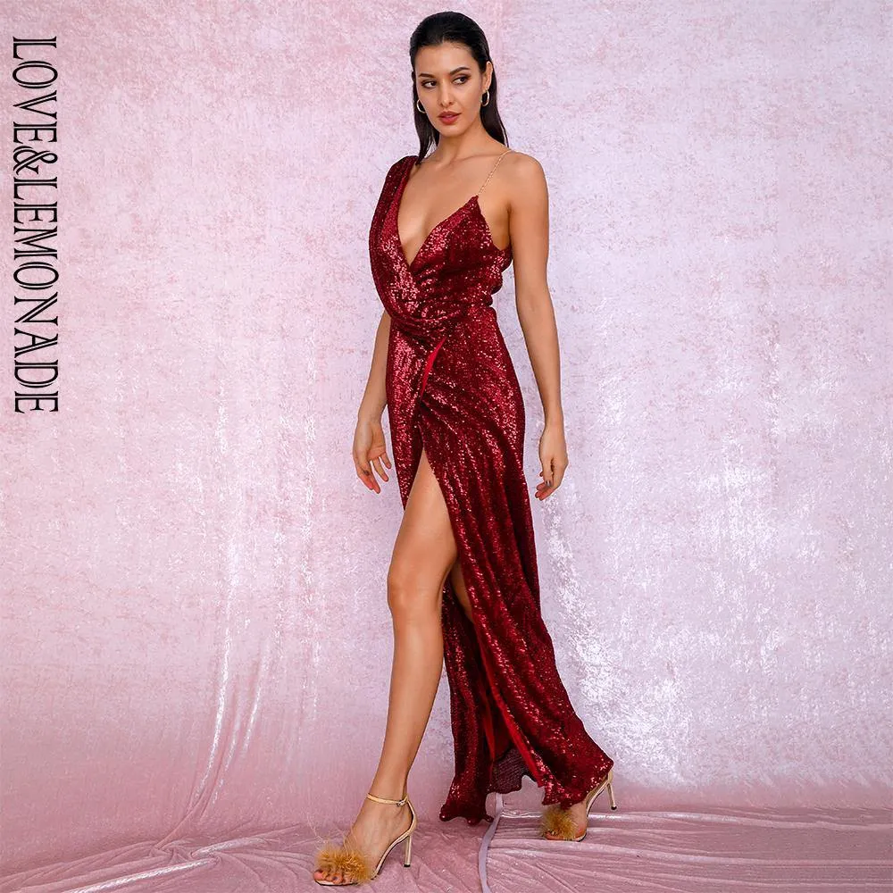 LOVE&LEMONADE Sexy Deep Red Deep V-Neck Whit Split Sequins Party Maxi Dress LM81849