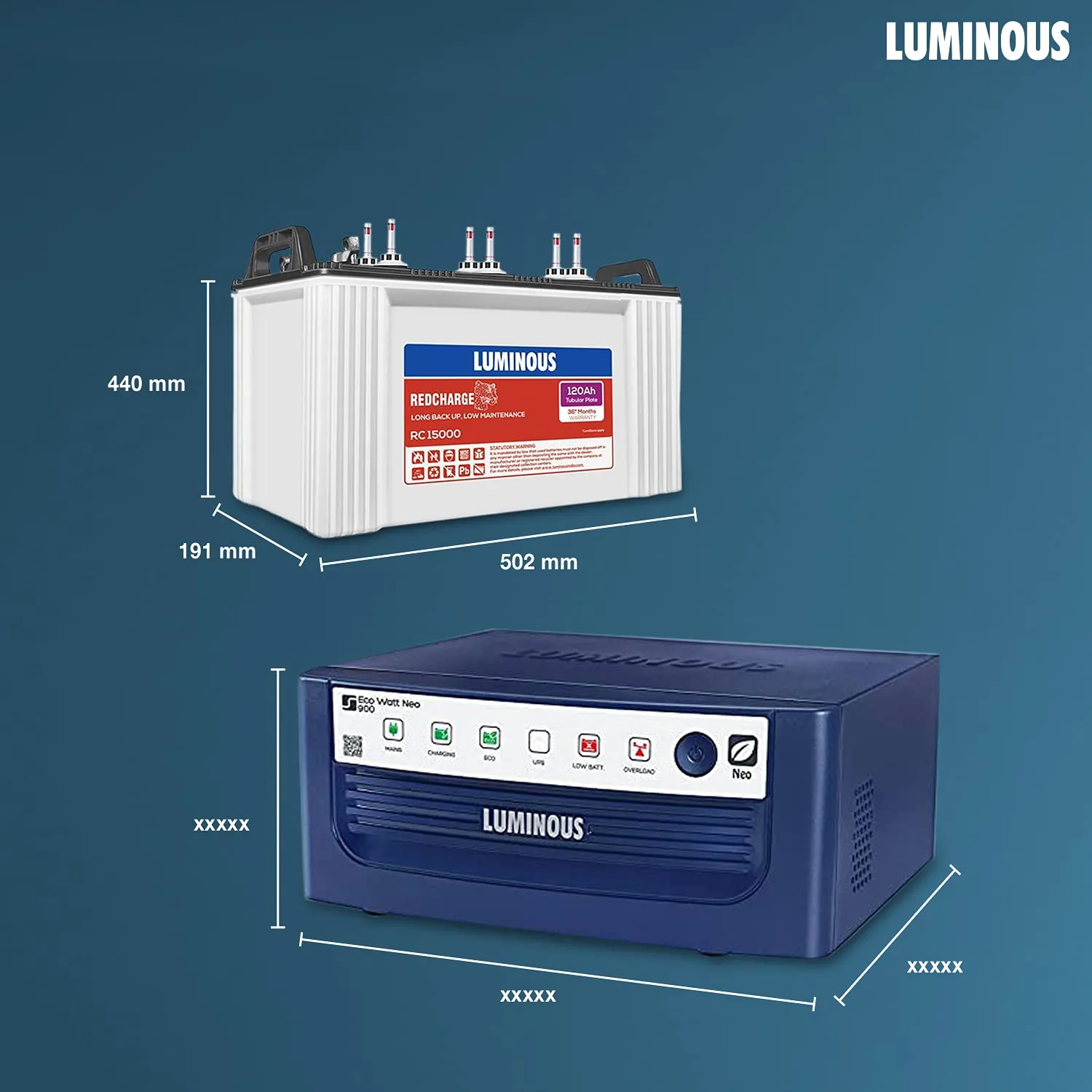 Luminous Inverter & Battery Combo with Trolley (Eco Watt Neo 900 Square Wave 800VA/12V Inverter, Red Charge RC 15000 Tubular 120Ah Battery with Trolley) for Home, Office & Shops