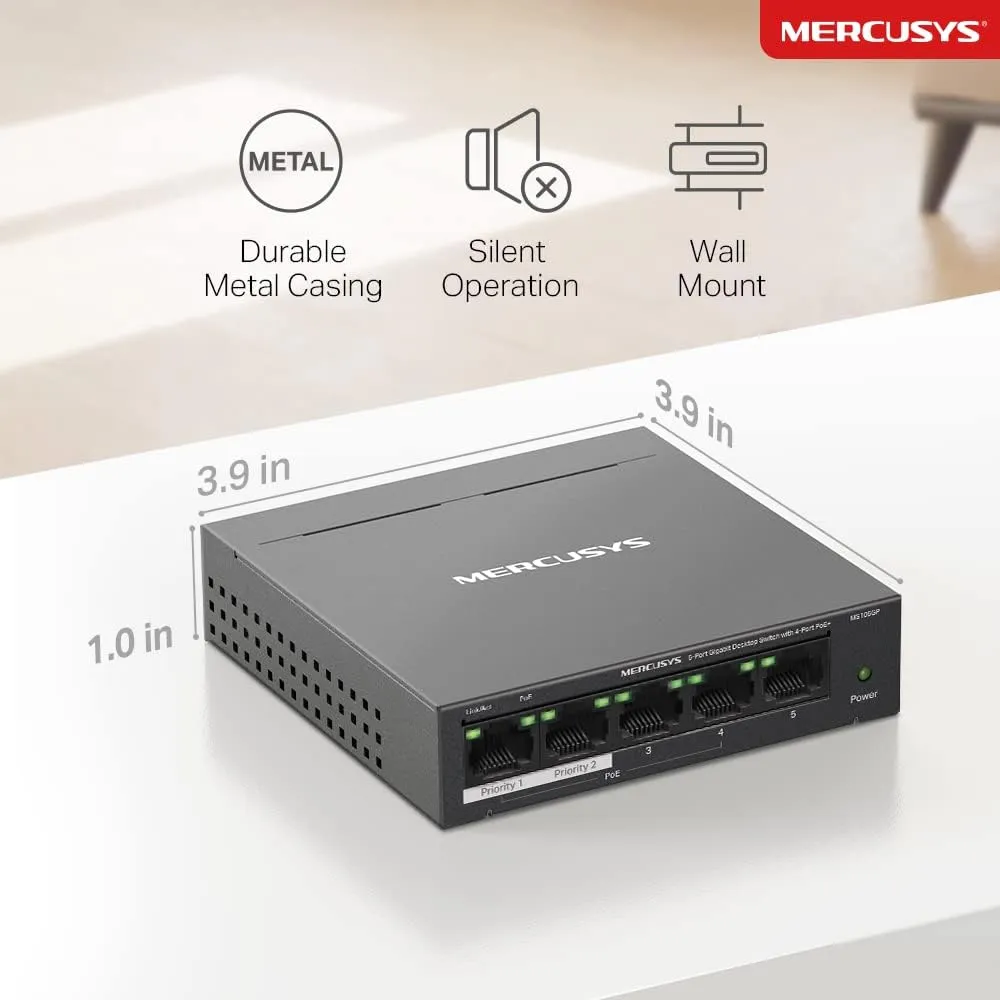 Mercusys MS105GP 5-Port Gigabit Desktop Switch with 4-Port PoE , Steel Case, Ethernet Switch