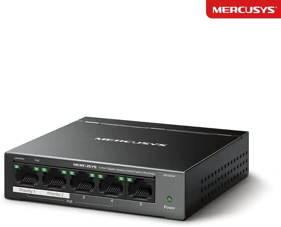 Mercusys MS105GP 5-Port Gigabit Desktop Switch with 4-Port PoE , Steel Case, Ethernet Switch