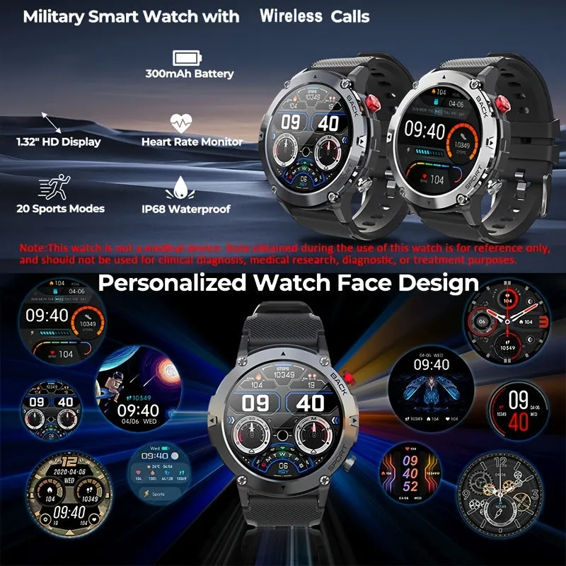 Outdoor Smartwatch For Men, Smart Watch With Wireless Call (Answer/Make Calls), Multi Sport Mode, IP68 Waterproof 3.35cm HD Rugged Tactical Fitness Digital Sport Watches For IPhone Android