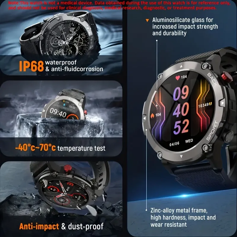 Outdoor Smartwatch For Men, Smart Watch With Wireless Call (Answer/Make Calls), Multi Sport Mode, IP68 Waterproof 3.35cm HD Rugged Tactical Fitness Digital Sport Watches For IPhone Android