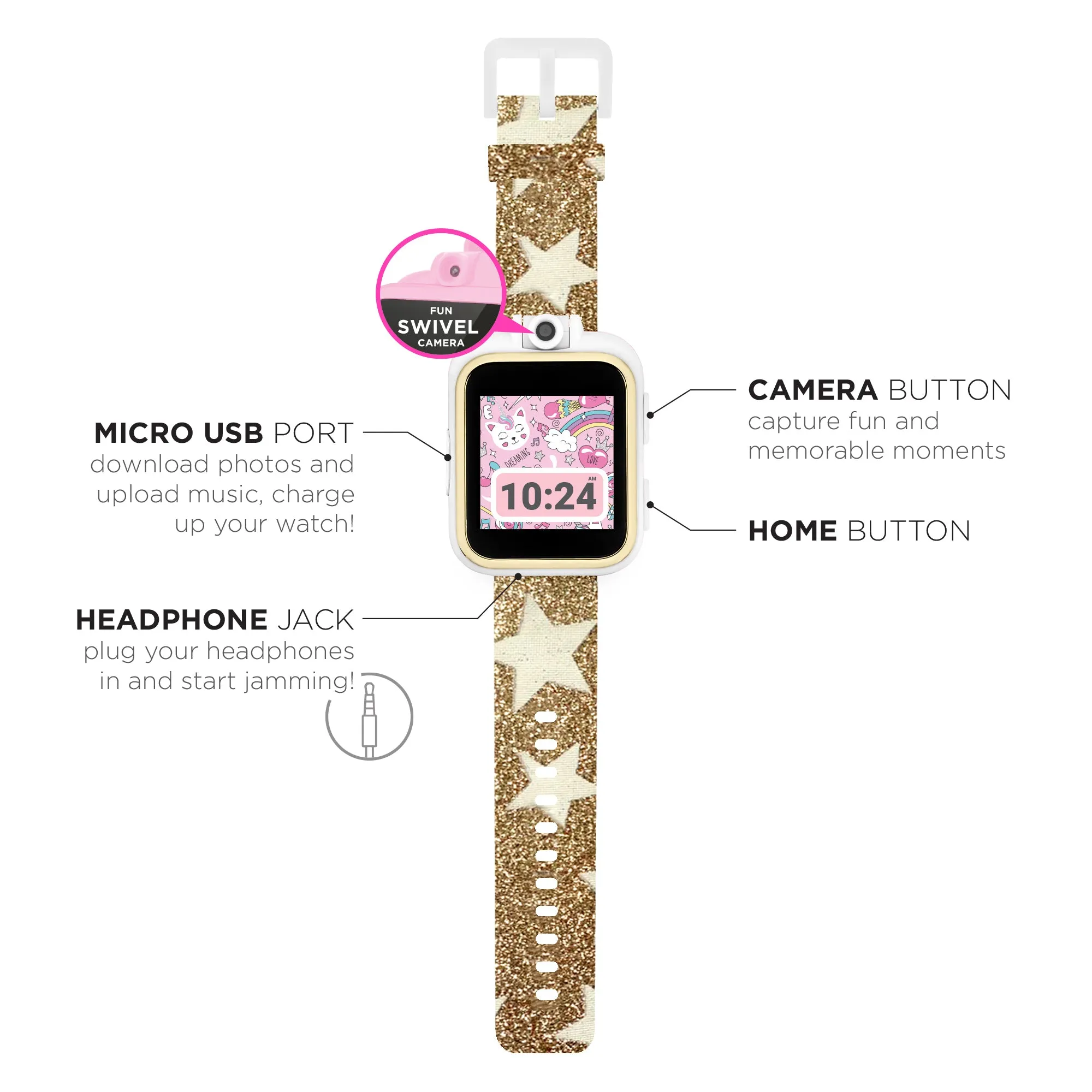 PlayZoom 2 Kids Smartwatch with Headphones: Gold Star Print