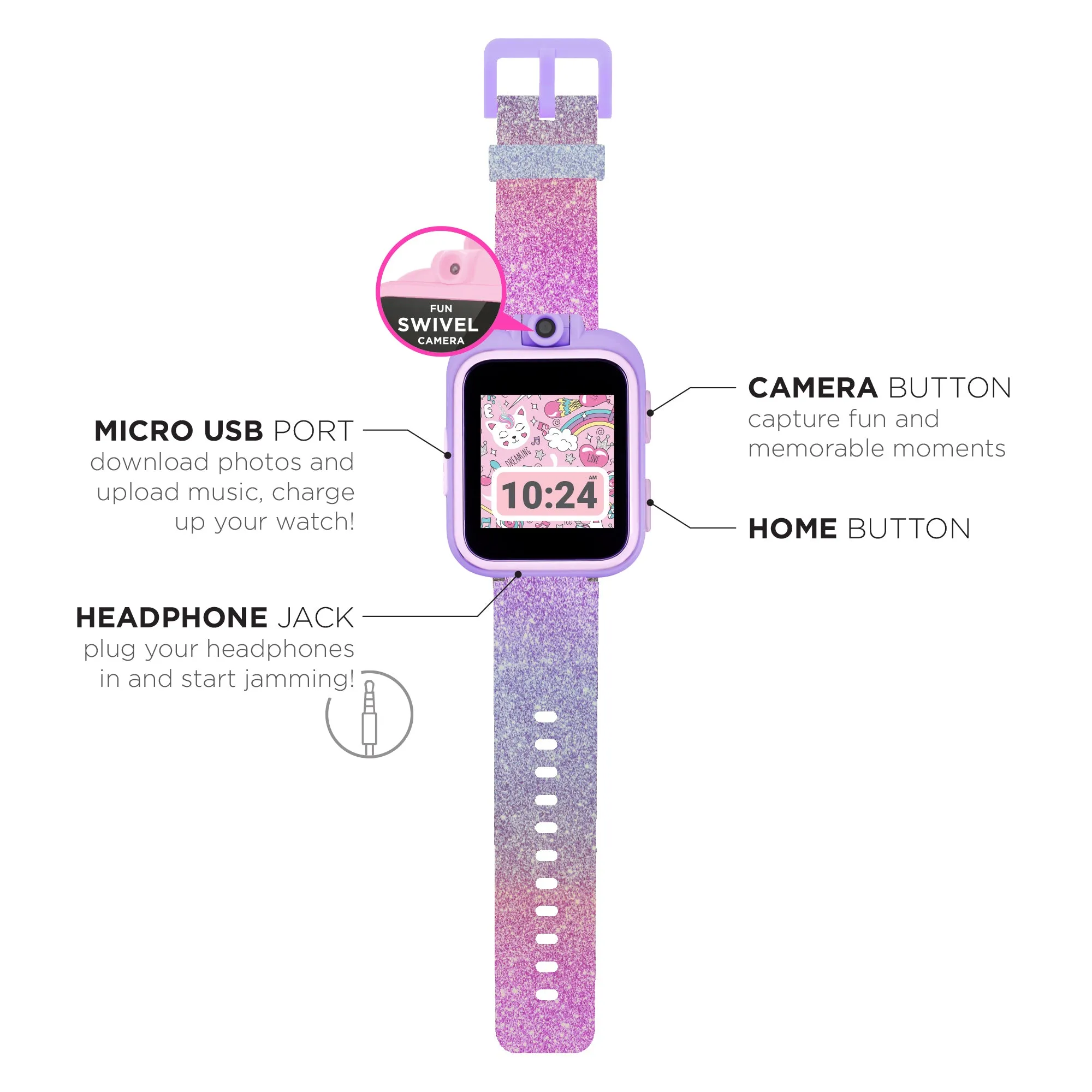 PlayZoom 2 Kids Smartwatch with Headphones: Purple Glitter