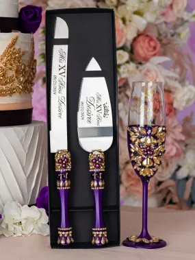 Purple Gold Quinceanera cake knife set with 1 glass